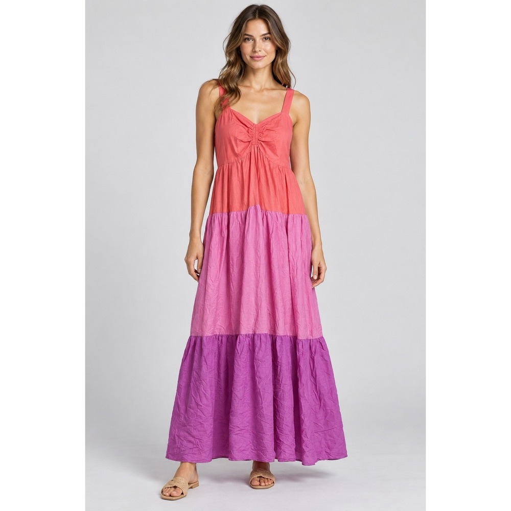 Terra & Sky Womens Tiered Colorblock Maxi Dress Multicolor Sleeveless V-Neck 14W